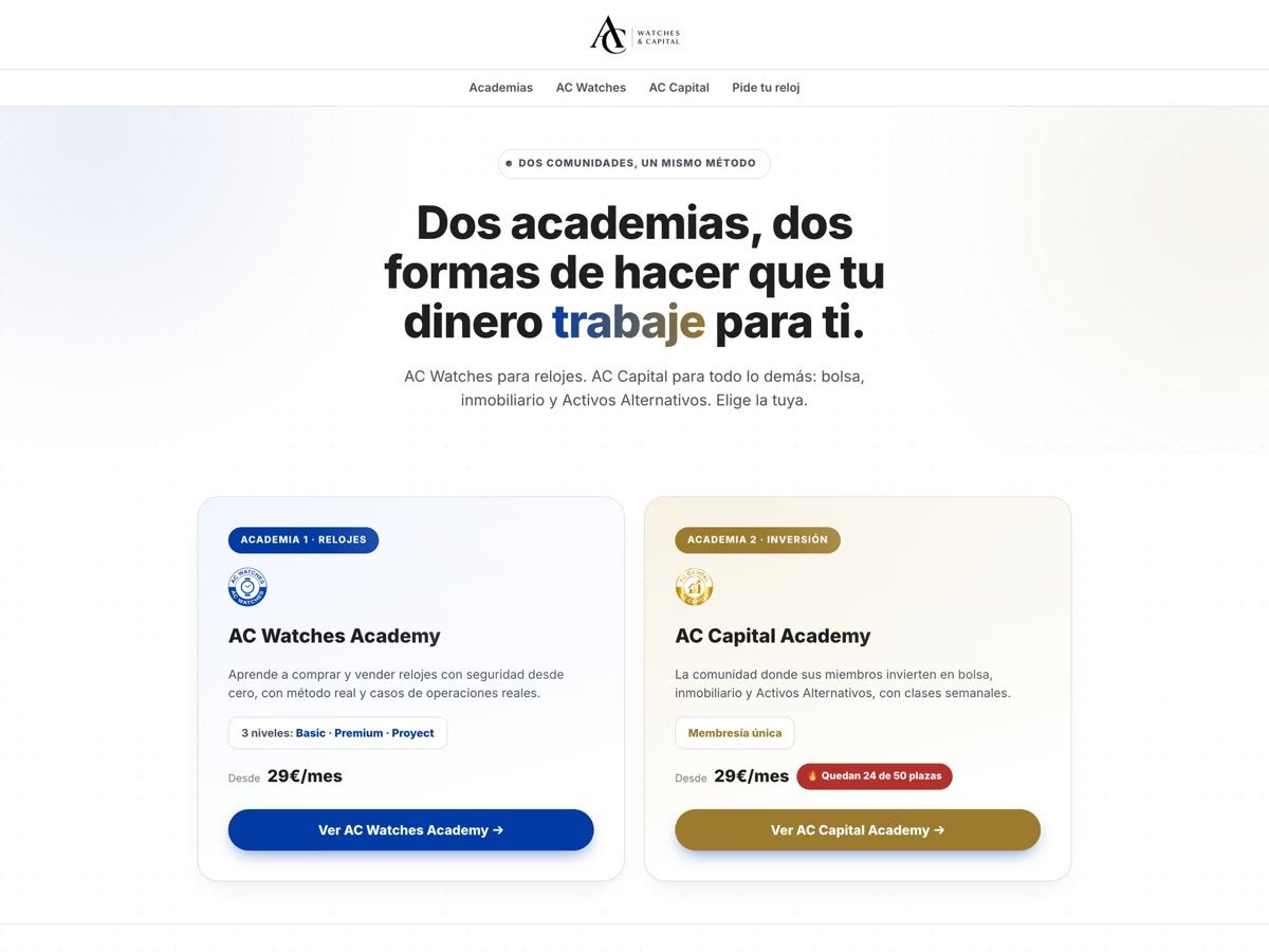 Página de inicio de la web de AC Watches y AC Capital